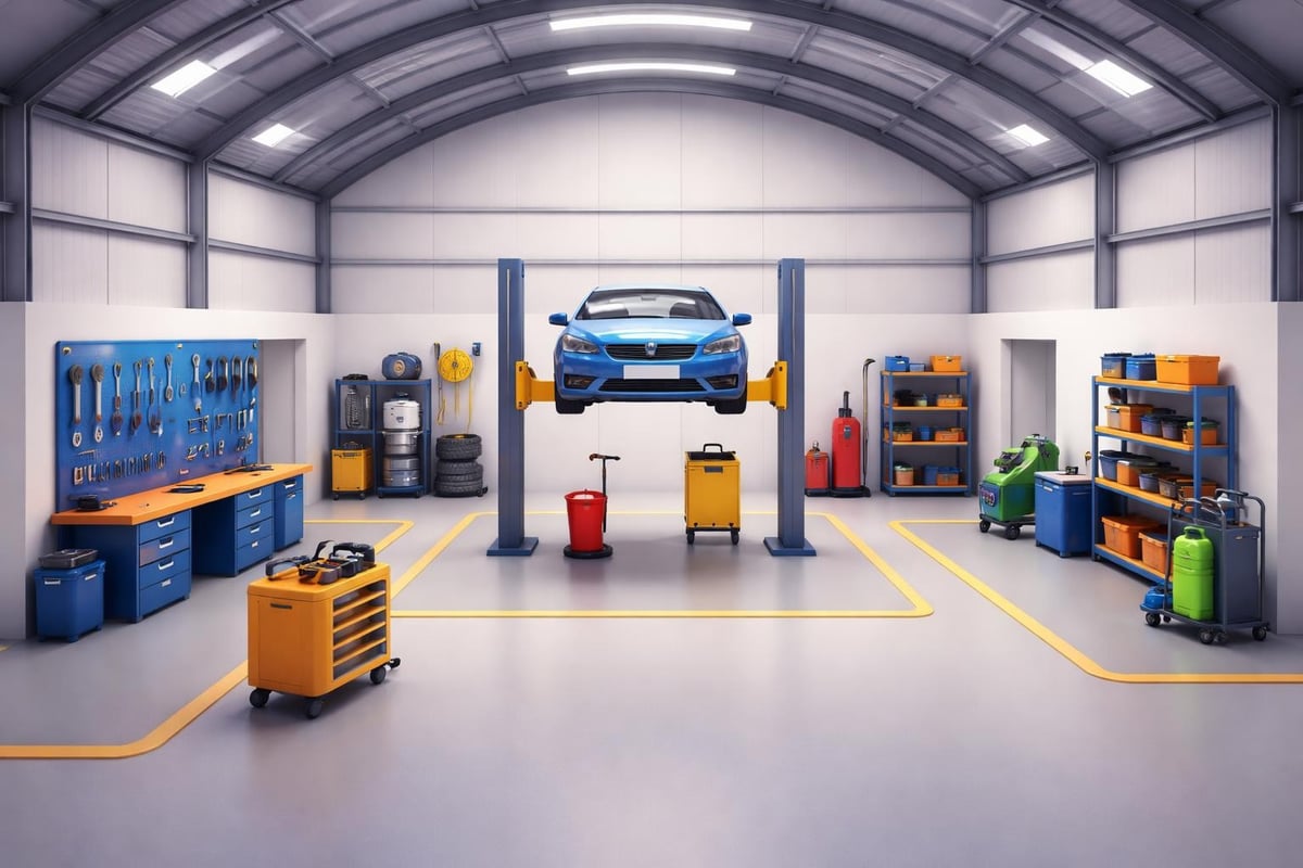 Workshop layout in metal garage