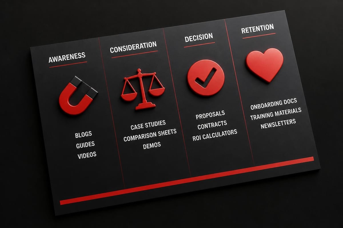 Types of marketing collateral mapped to customer journey stages