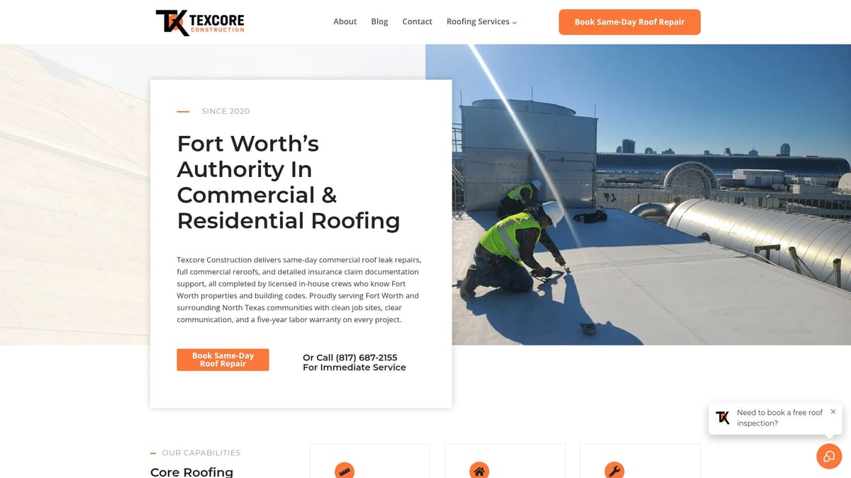 Construction workers on a commercial roof in Fort Worth wearing safety gear, performing roofing repairs with a city skyline in the background, illustrating Texcore Construction's expertise in flat roofing services.