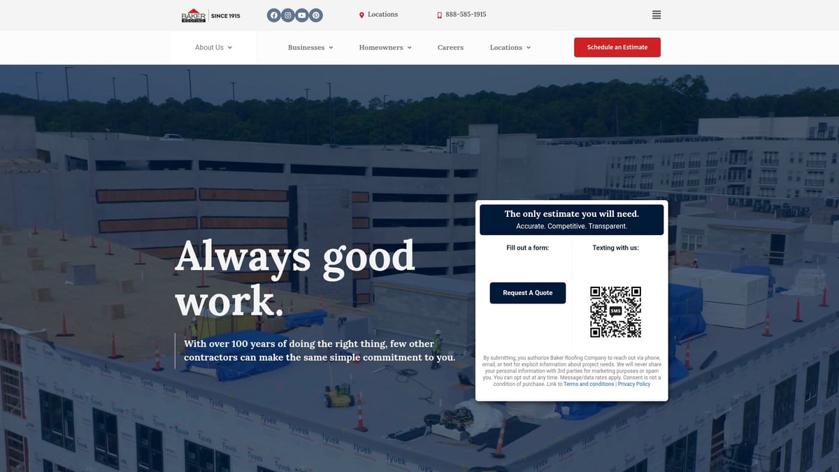 Baker Roofing Company website showcasing commercial flat roofing services with a focus on quality, transparency, and customer commitment, featuring a construction site and branding elements.