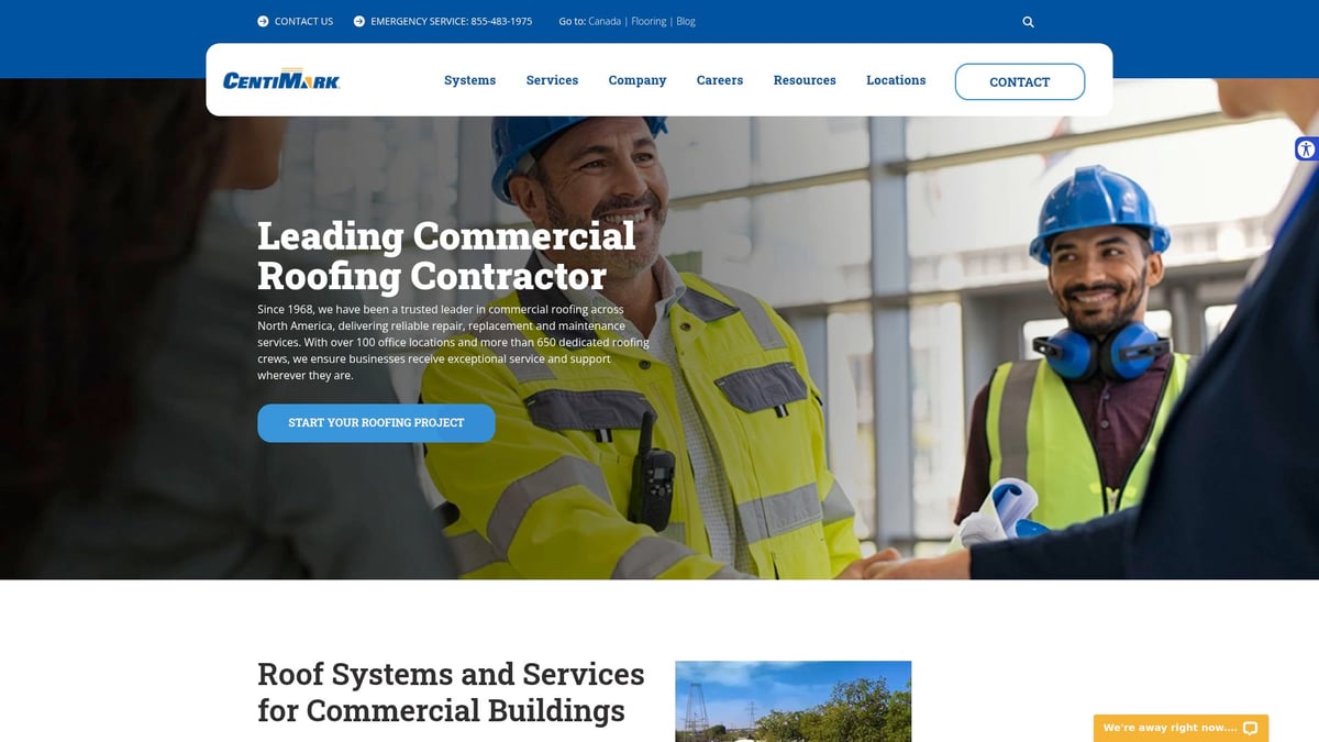 Centimark branding with workers in safety gear discussing commercial roofing services, highlighting expertise in flat roofing and maintenance solutions.