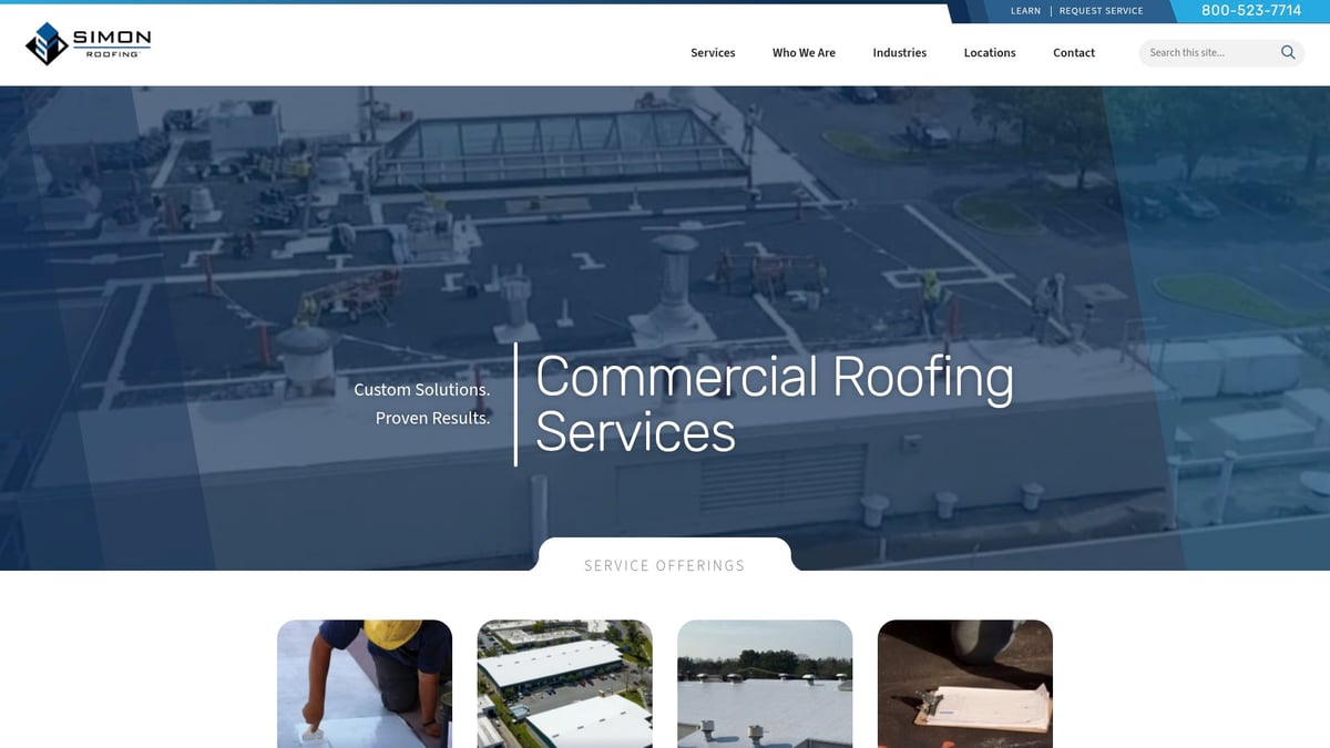 Commercial flat roofing services by Simon Roofing, showcasing a rooftop installation with workers and equipment, emphasizing responsiveness and innovative solutions.