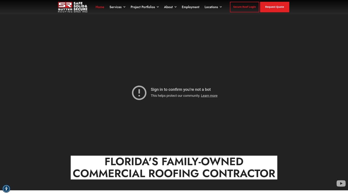 Sutter Roofing logo with tagline "Florida's family-owned commercial roofing contractor," highlighting their regional expertise and commitment to quality service in commercial flat roofing.