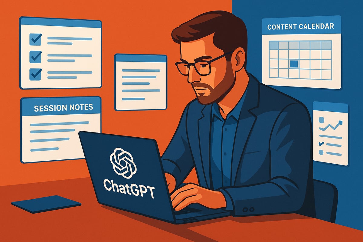 Modern coach working with AI technology on laptop in professional office setting