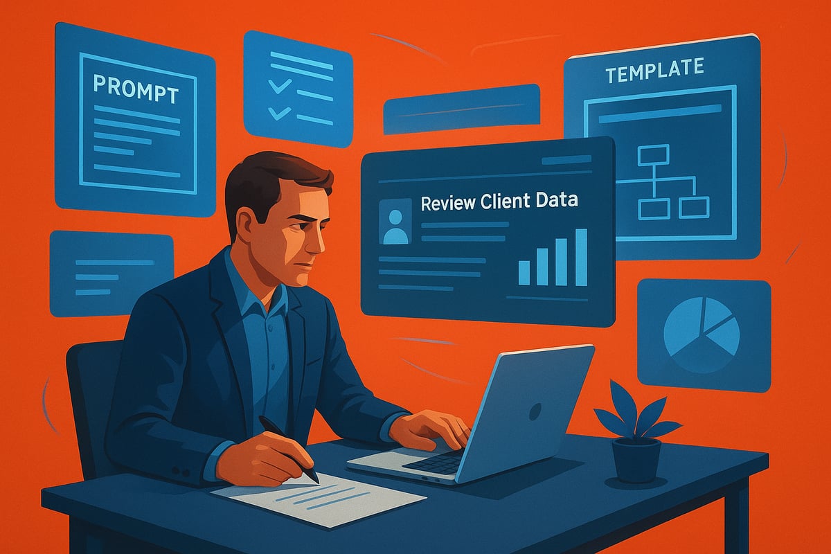 Professional coach reviewing AI-generated content on multiple devices showing best practices workflow