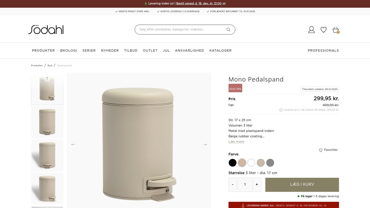 7 Smarte Toiletspand Ideer Til Dit Badeværelse 2026 - Södahl Mono Pedalspand Beige – Diskret elegance til små rum