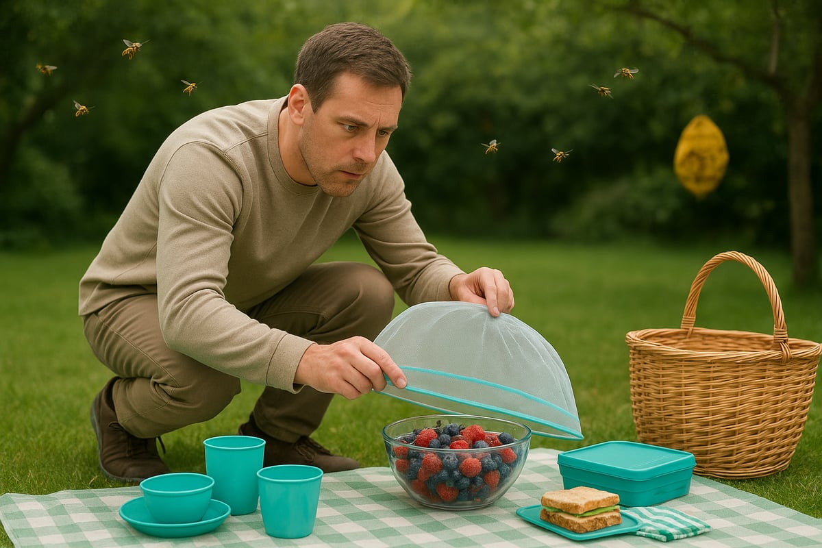 Man cautiously covering a bowl of berries with a mesh food cover while yellow jacket bees hover nearby, illustrating safety measures for outdoor dining.