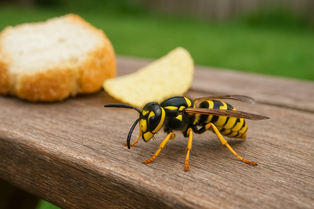 Yellow jacket bee on wooden surface near bread and potato chip, illustrating pest identification and safety tips for outdoor activities.