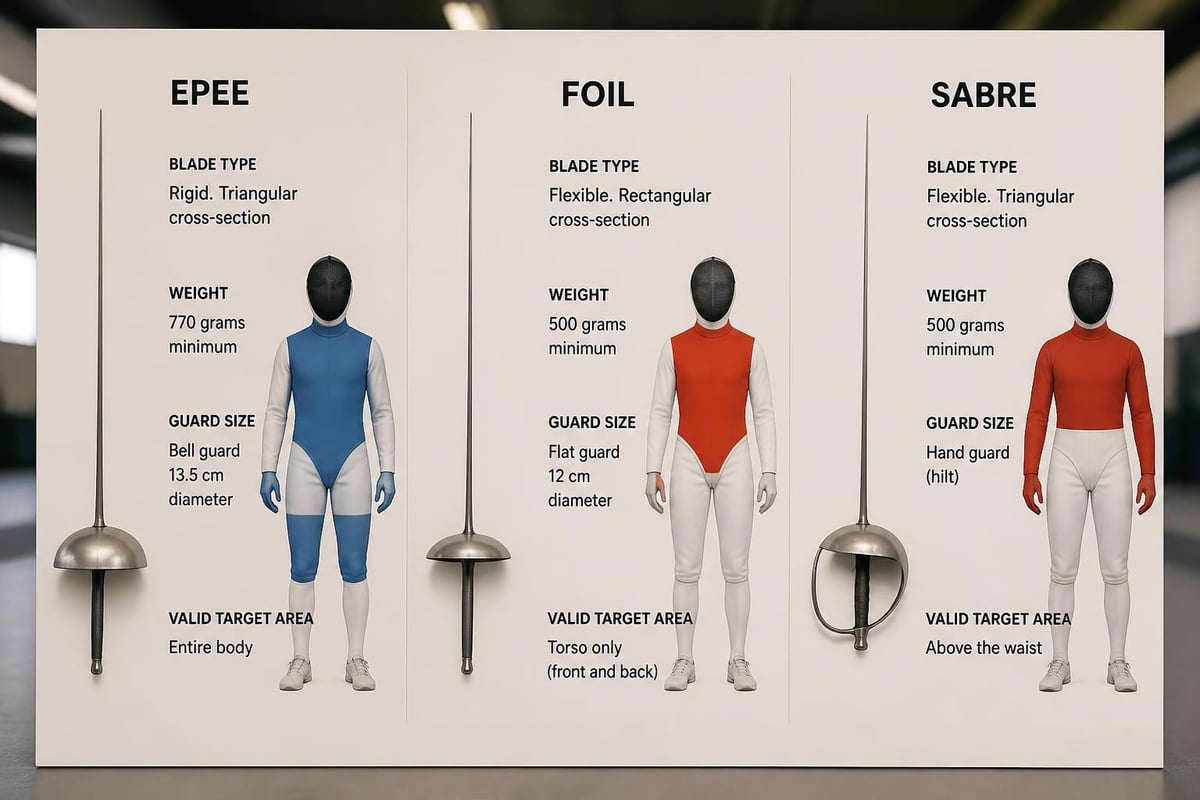 Comparison of foil, épée, and sabre weapon specifications
