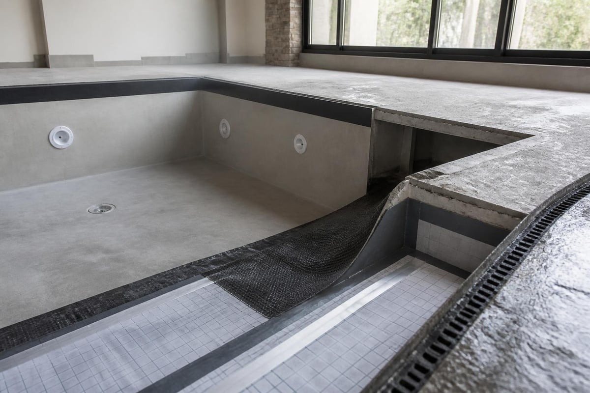 Indoor pool waterproofing layers