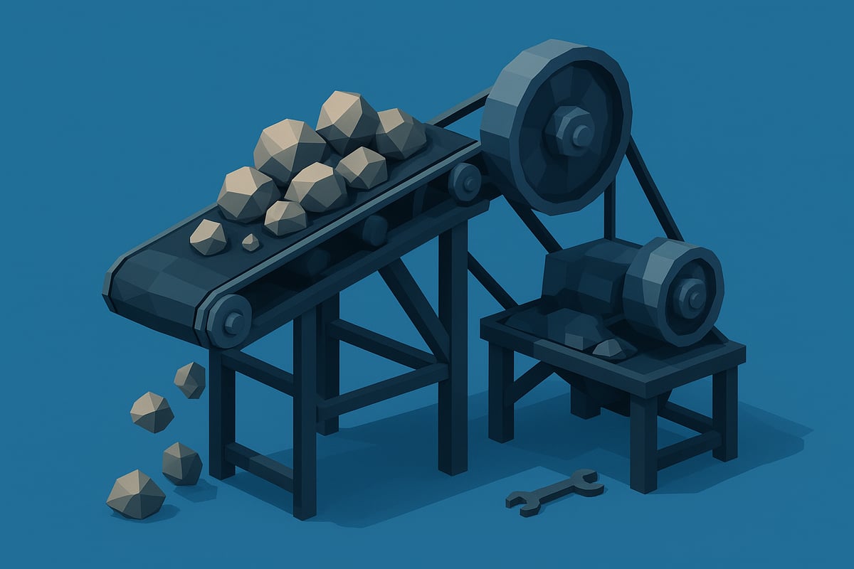 Low-poly geometric representation of an aggregate conveyor system with stones on the belt, showcasing components like the drive wheel and support structure, relevant to conveyor system fabrication and repair in industrial settings.