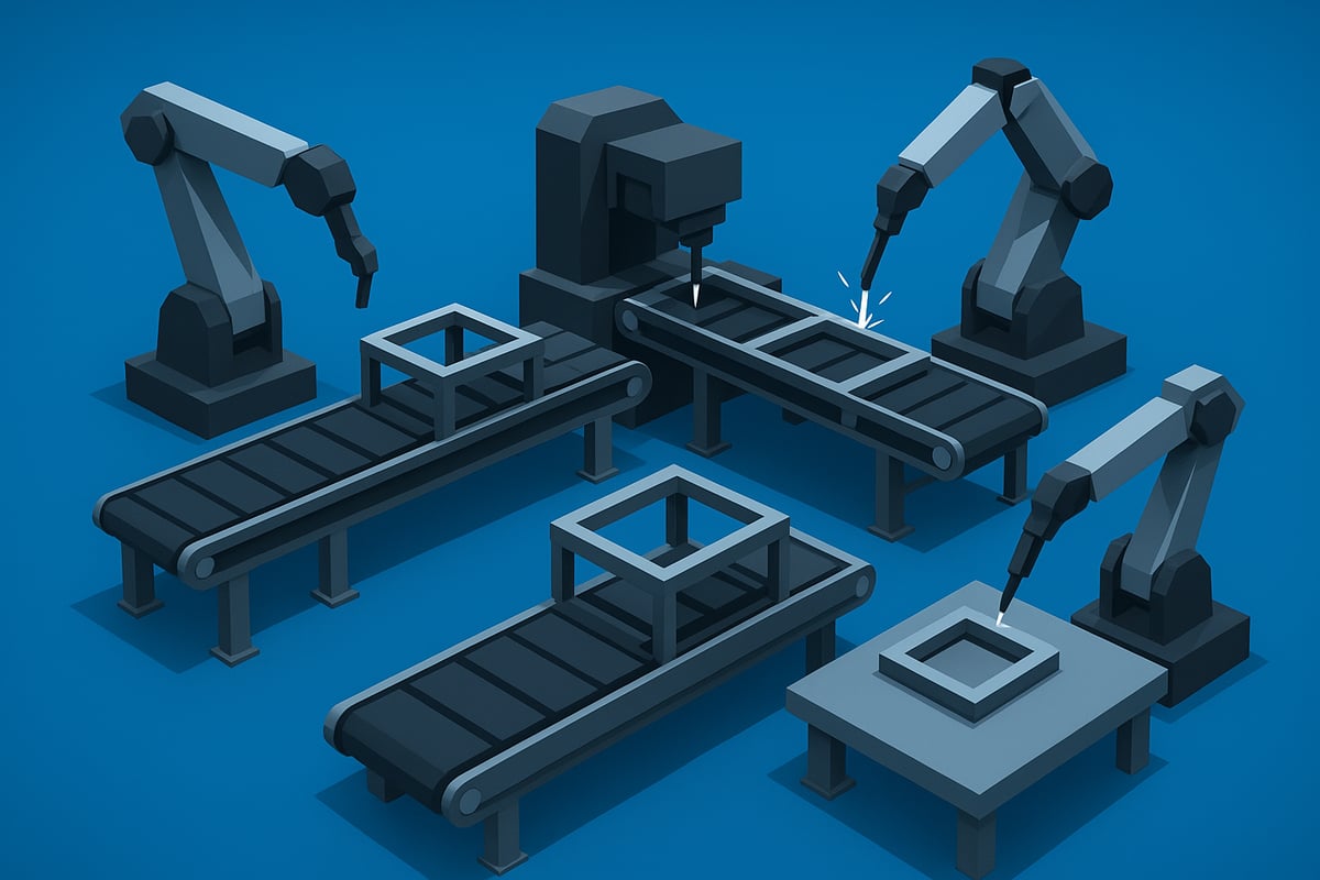 Industrial conveyor system with robotic arms performing fabrication tasks, emphasizing modern techniques in aggregate conveyor system manufacturing.