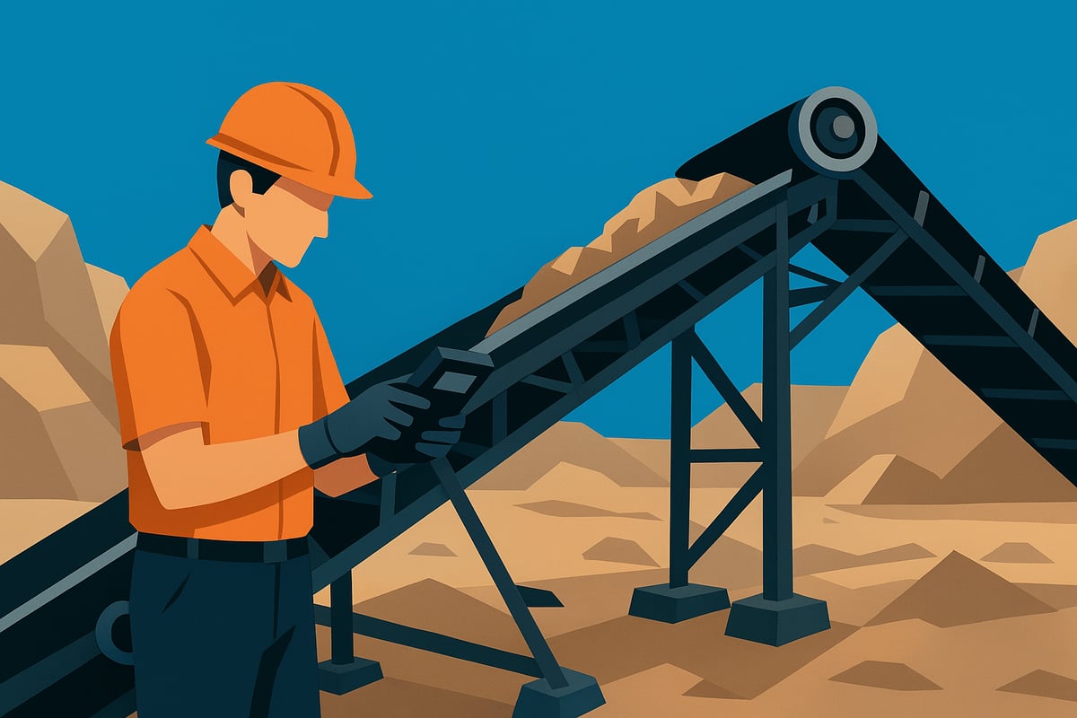Worker in orange shirt and hard hat inspecting aggregate conveyor system, emphasizing maintenance and repair in industrial setting.