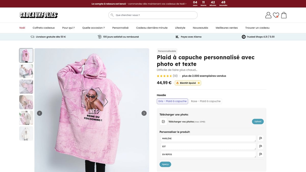 8 Idee Cadeau Originales à Découvrir en 2026 - Plaid à capuche personnalisé avec photo et texte