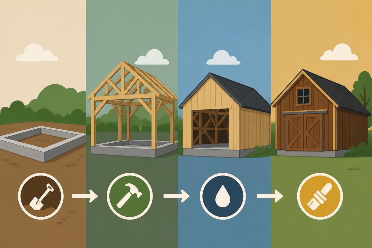 Timber frame barn construction stages