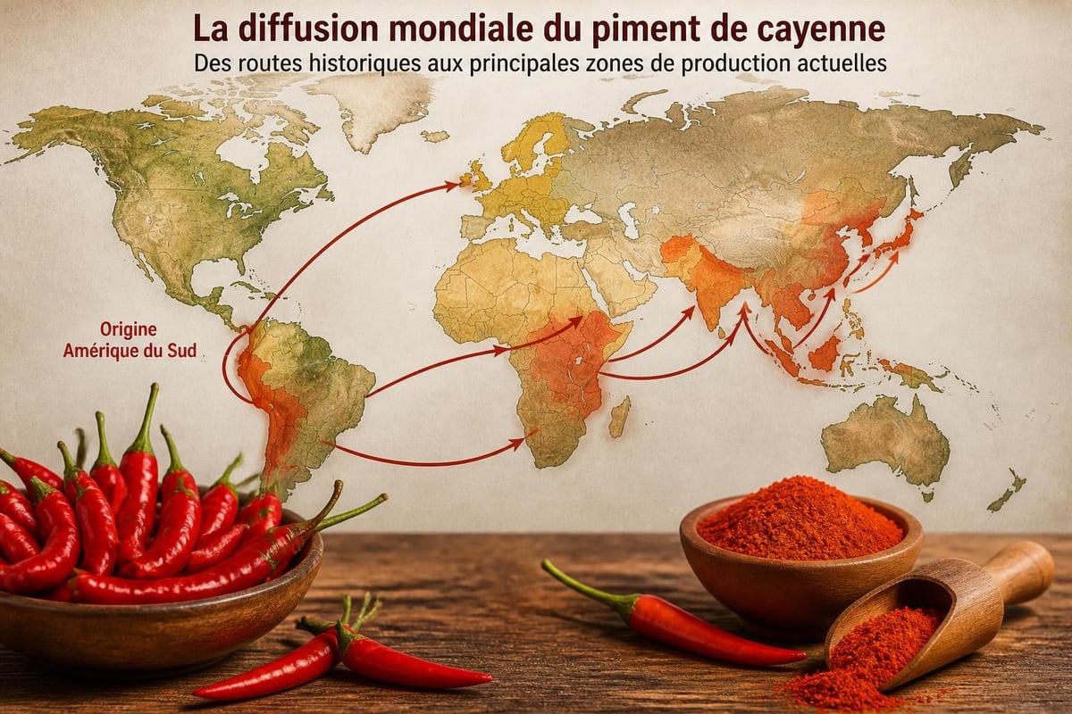 Carte de diffusion historique du piment de cayenne