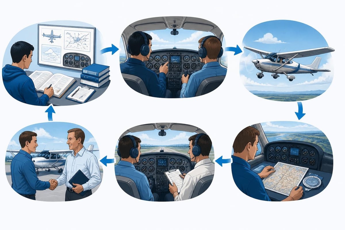 Pilot training stages from first lesson to checkride