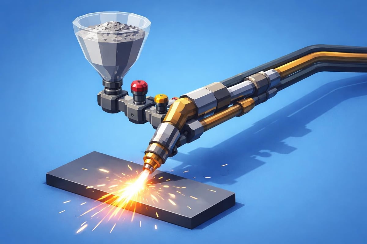 Powder cutting torch with powder hopper and nozzle, emitting sparks while cutting metal plate, illustrating advanced powder delivery system for industrial applications.