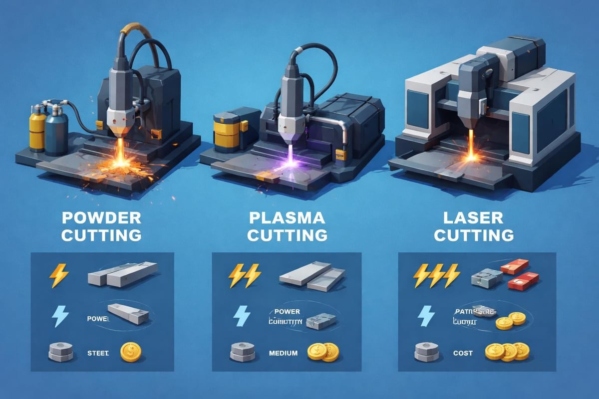 Powder cutting, plasma cutting, and laser cutting machines with associated power and cost indicators, illustrating industrial cutting techniques for efficient material processing.