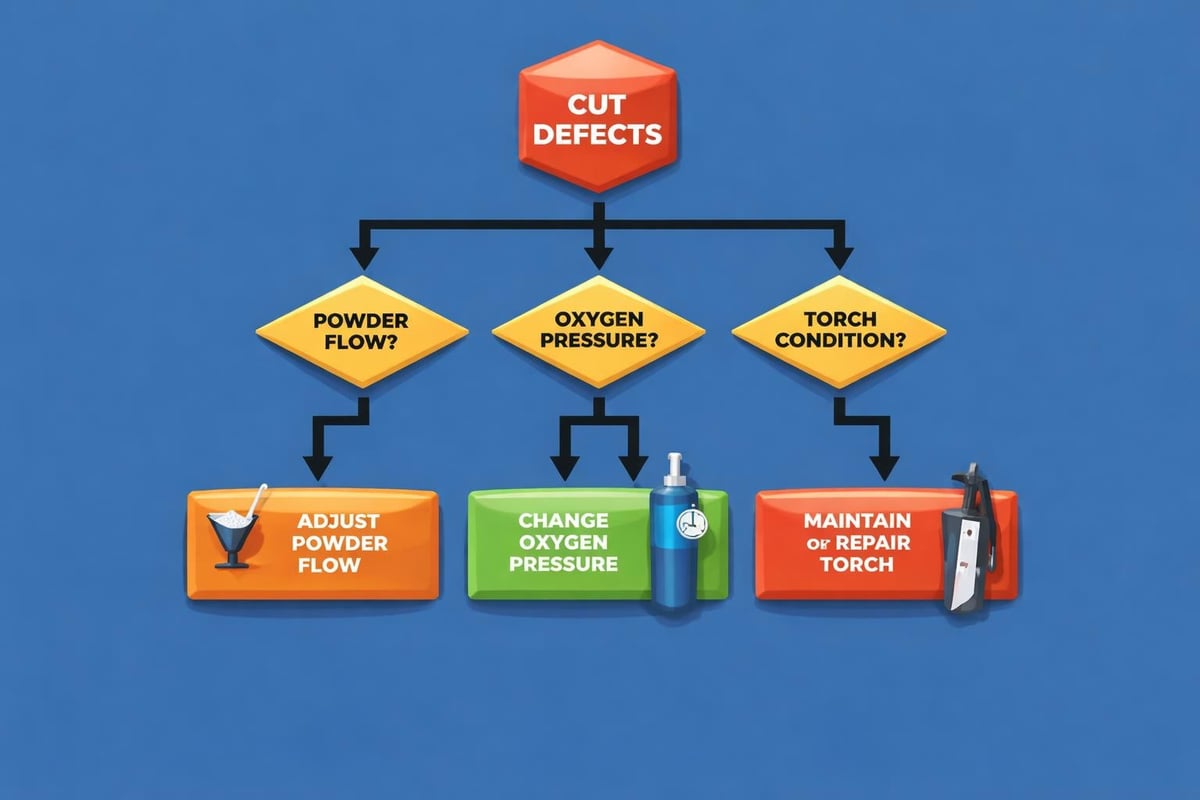 Flowchart illustrating solutions for cut defects in powder cutting, including adjusting powder flow, changing oxygen pressure, and maintaining or repairing the torch, set against a blue background.