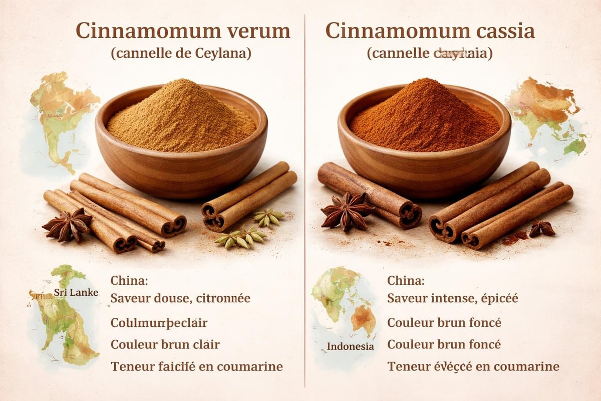 Comparaison visuelle des différences entre cannelle de Ceylan et cannelle de Chine