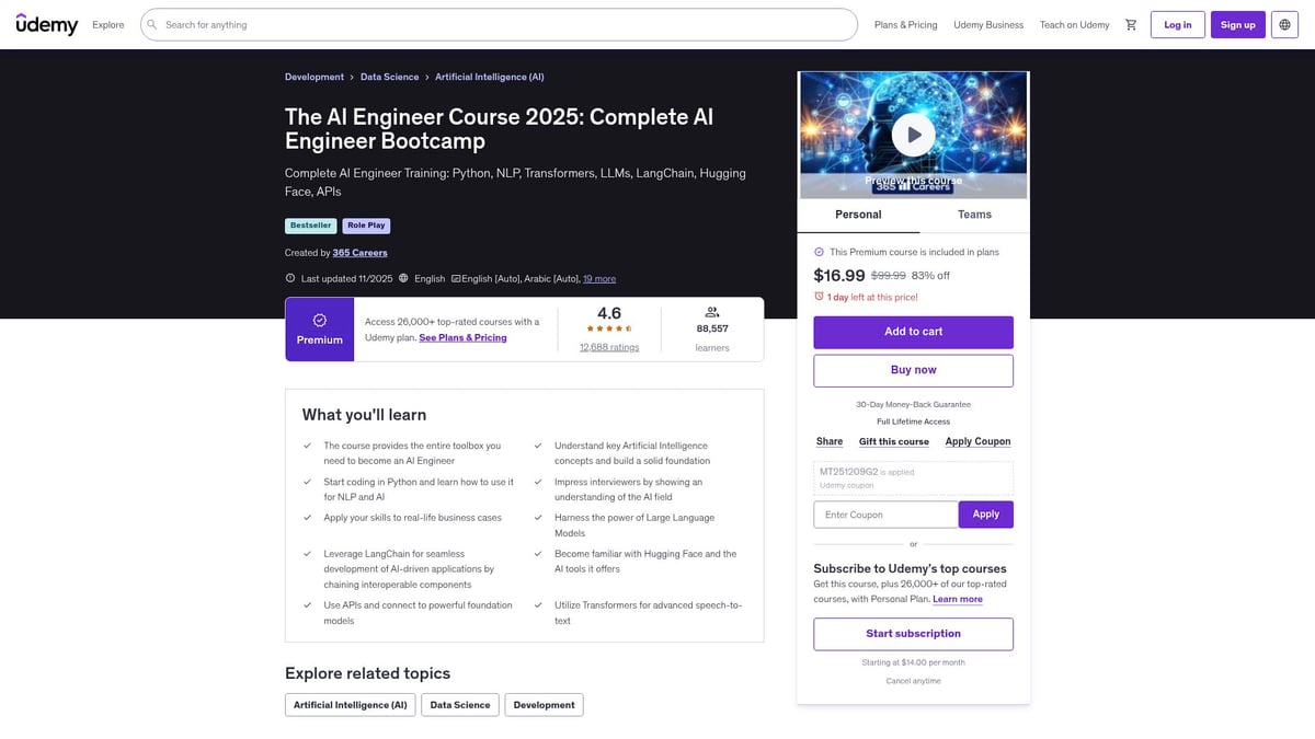 7 Best Artificial Intelligence AI Course Picks for 2026 - The AI Engineer Course 2025: Complete AI Engineer Bootcamp (Udemy)
