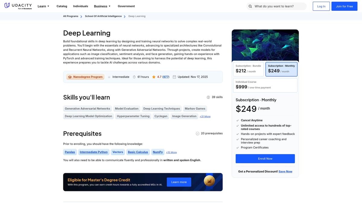 7 Best Artificial Intelligence AI Course Picks for 2026 - Deep Learning Nanodegree (Udacity)