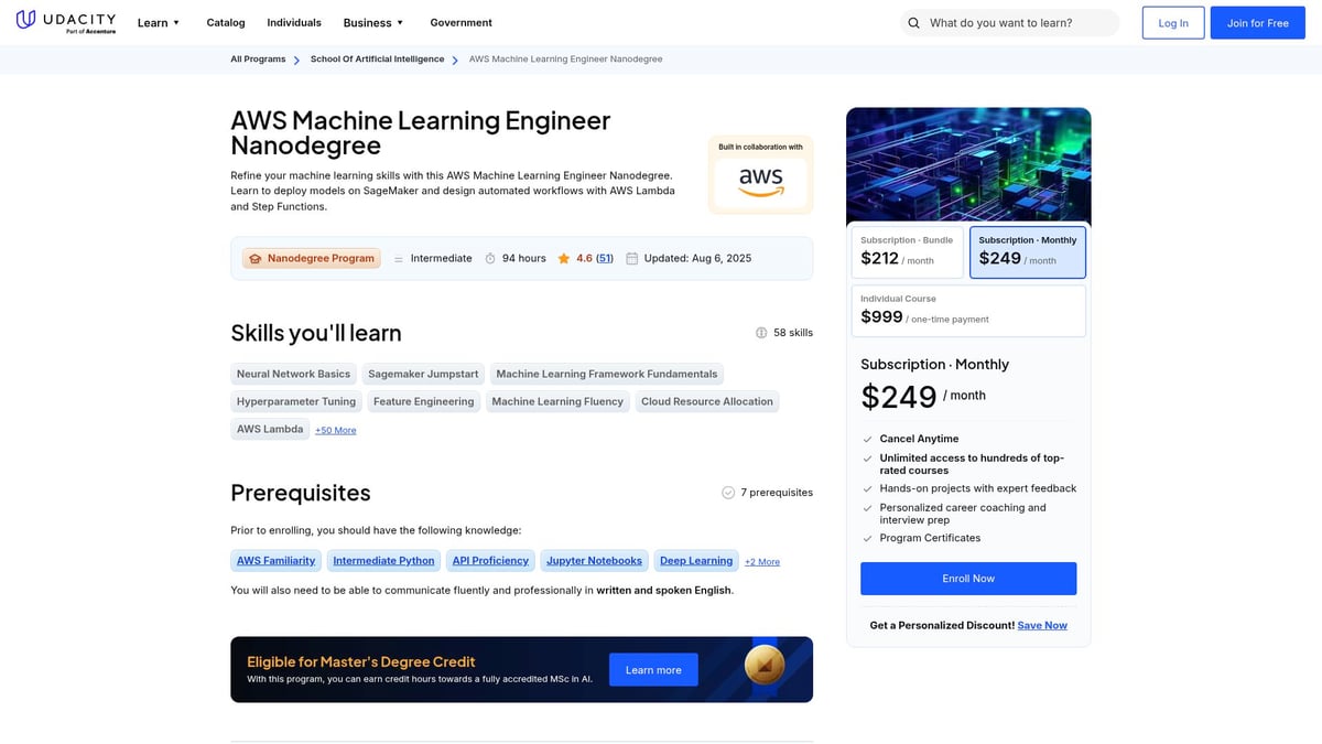 7 Best Artificial Intelligence AI Course Picks for 2026 - AWS Machine Learning Engineer Nanodegree (Udacity)