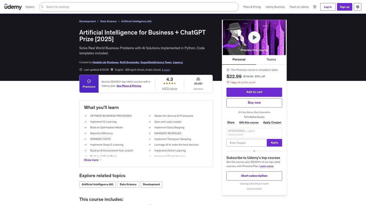 7 Best Artificial Intelligence AI Course Picks for 2026 - Artificial Intelligence for Business + ChatGPT Prize (Udemy)