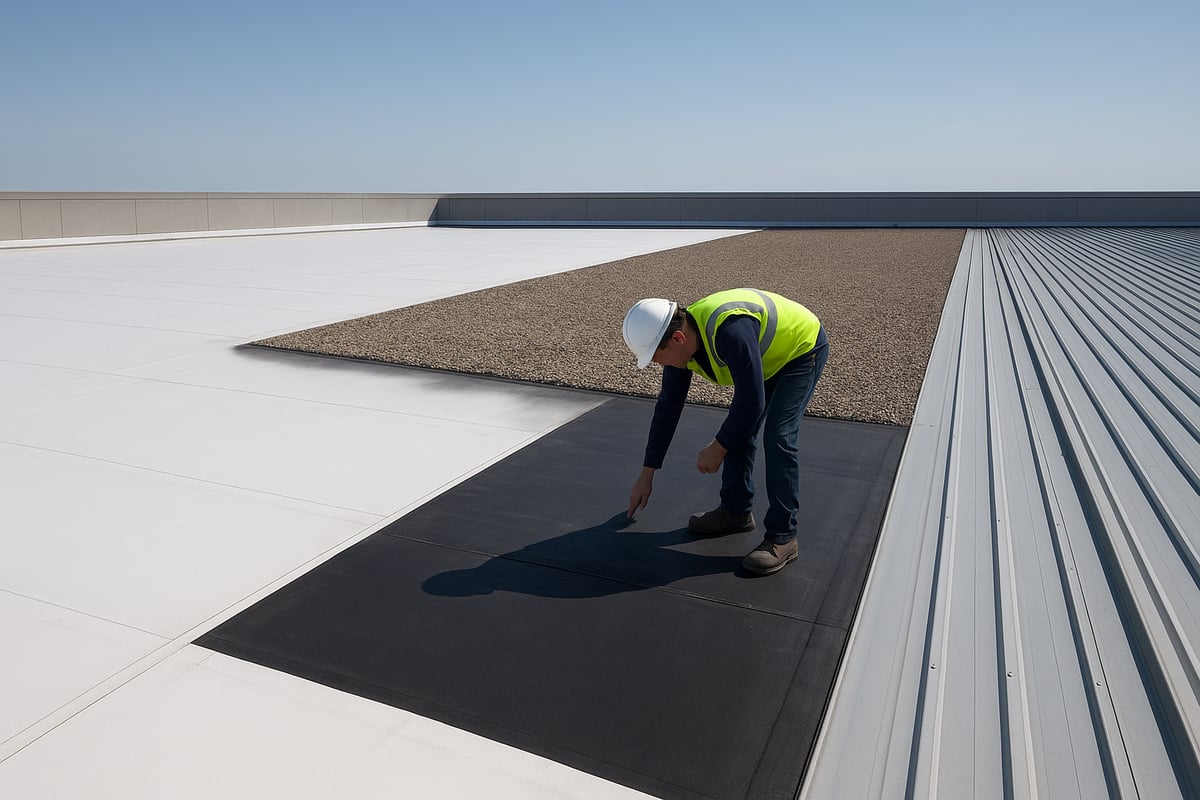 Professional contractor inspecting roofing membrane installation on a commercial building, emphasizing proper techniques and materials for longevity and performance.