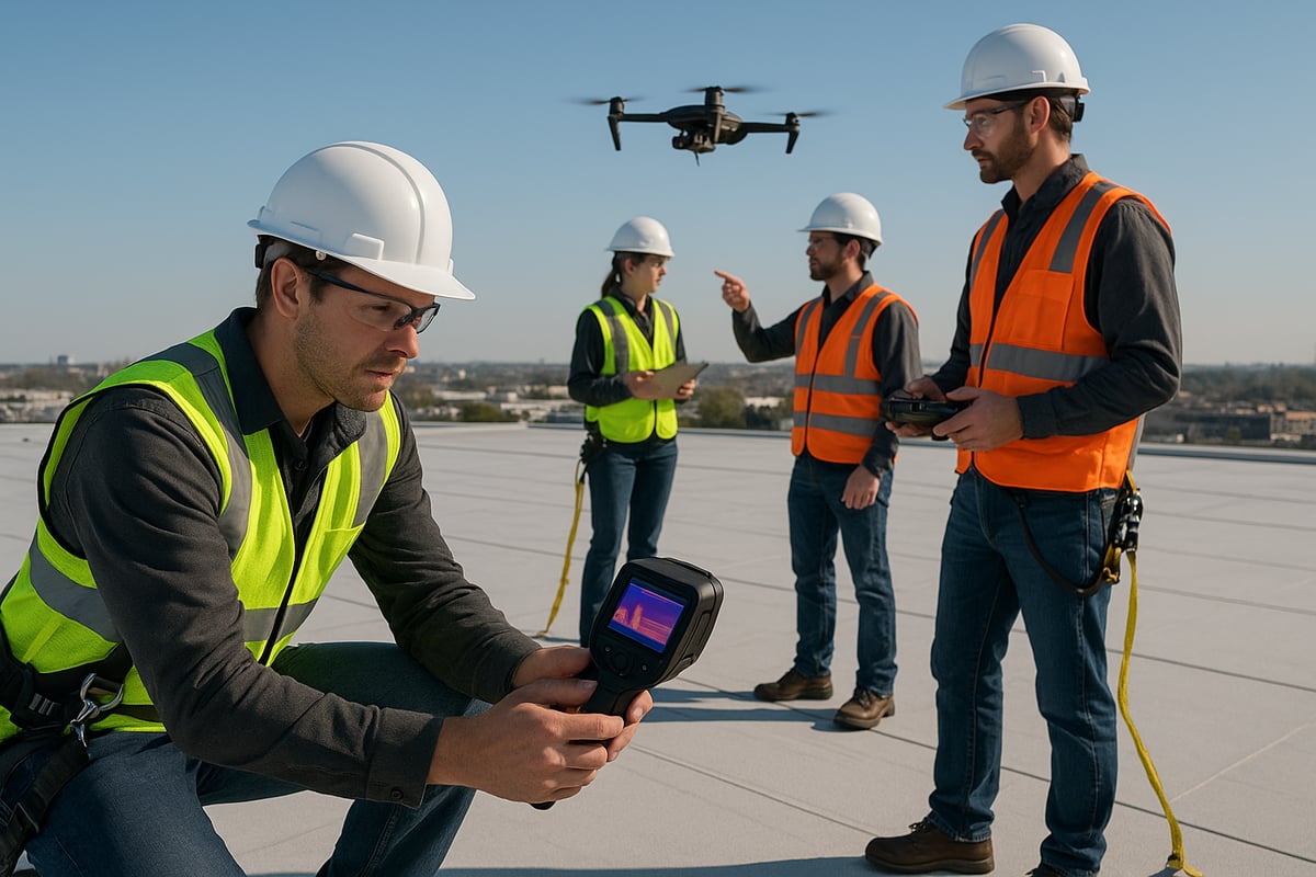 Team of commercial roofing professionals conducting a thorough roof inspection using advanced tools, including a drone and thermal imaging device, on a rooftop in Fort Worth.