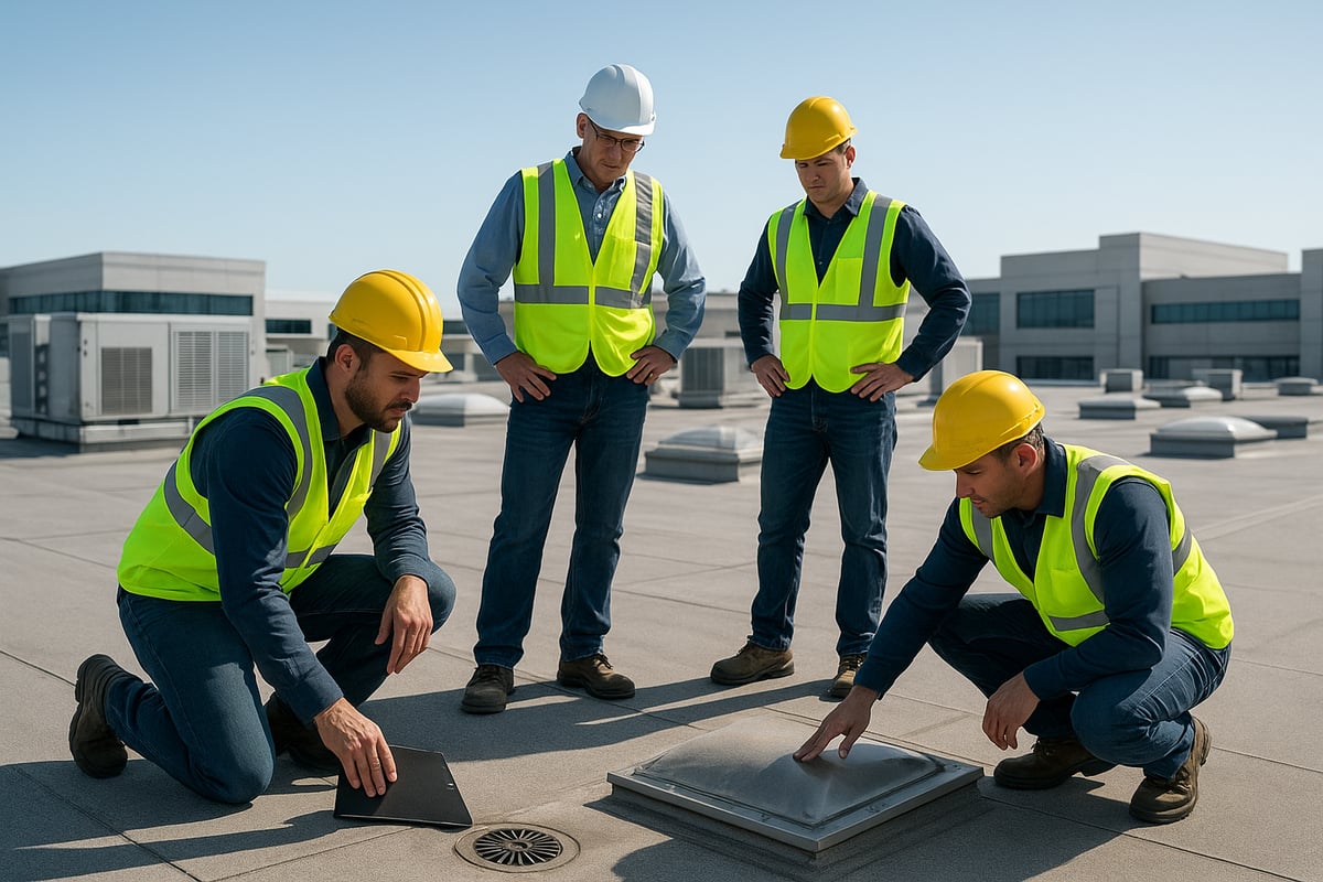 Team of four construction workers in safety vests and helmets inspecting a commercial roof, focusing on maintenance and assessment of roofing features.