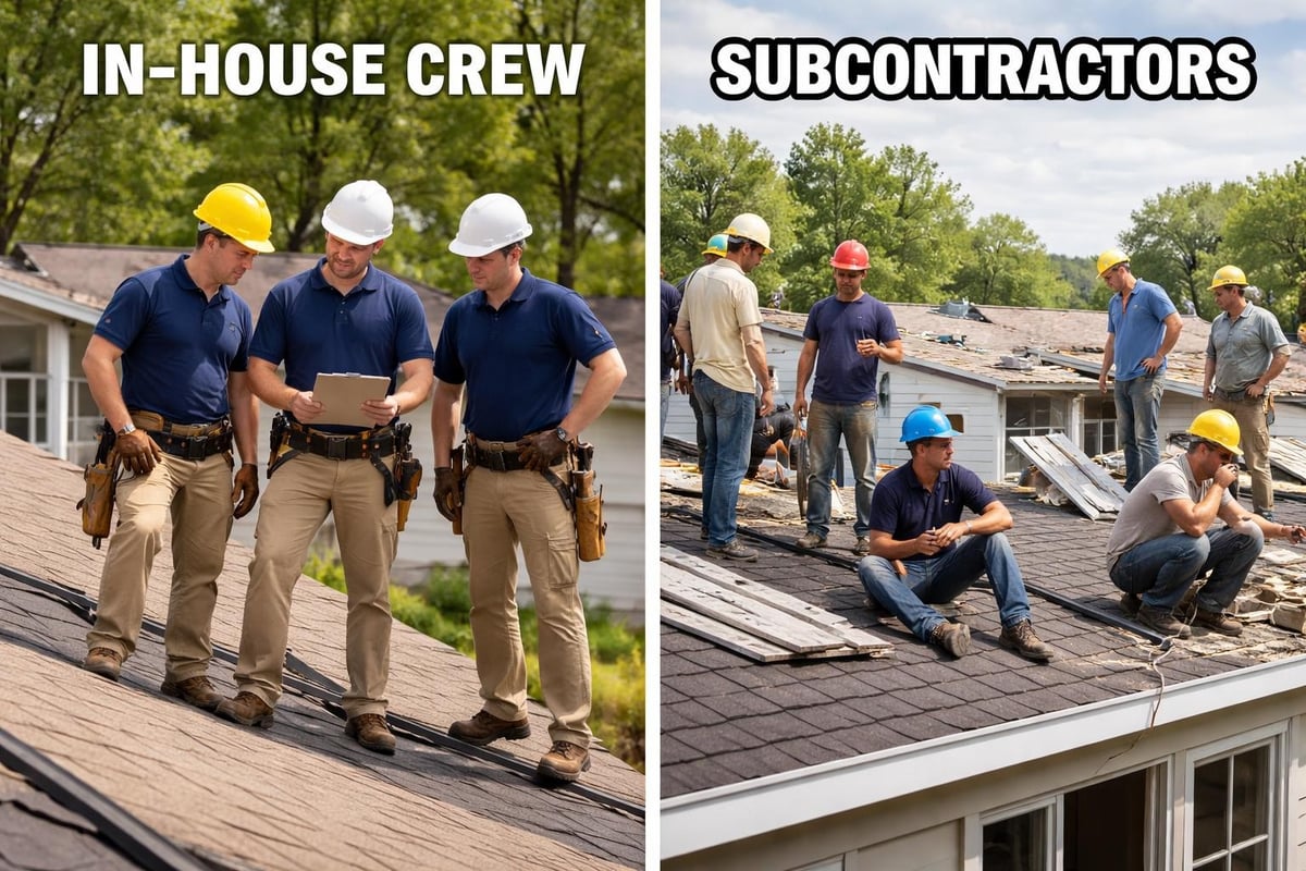 In-house roofing crew discussing project details on a roof, contrasted with subcontractors working on a different section, highlighting differences in oversight and accountability in roofing services.