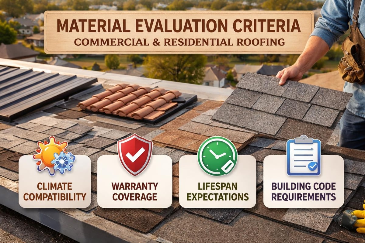 Material evaluation criteria for roofing, featuring climate compatibility, warranty coverage, lifespan expectations, and building code requirements, with a contractor examining roofing materials on a residential roof.