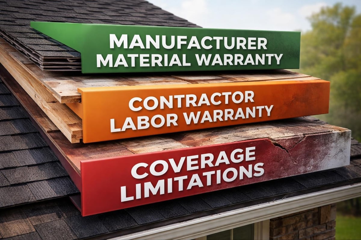 Manufacturer material warranty, contractor labor warranty, and coverage limitations signs on roofing materials, emphasizing warranty components for roofing services.