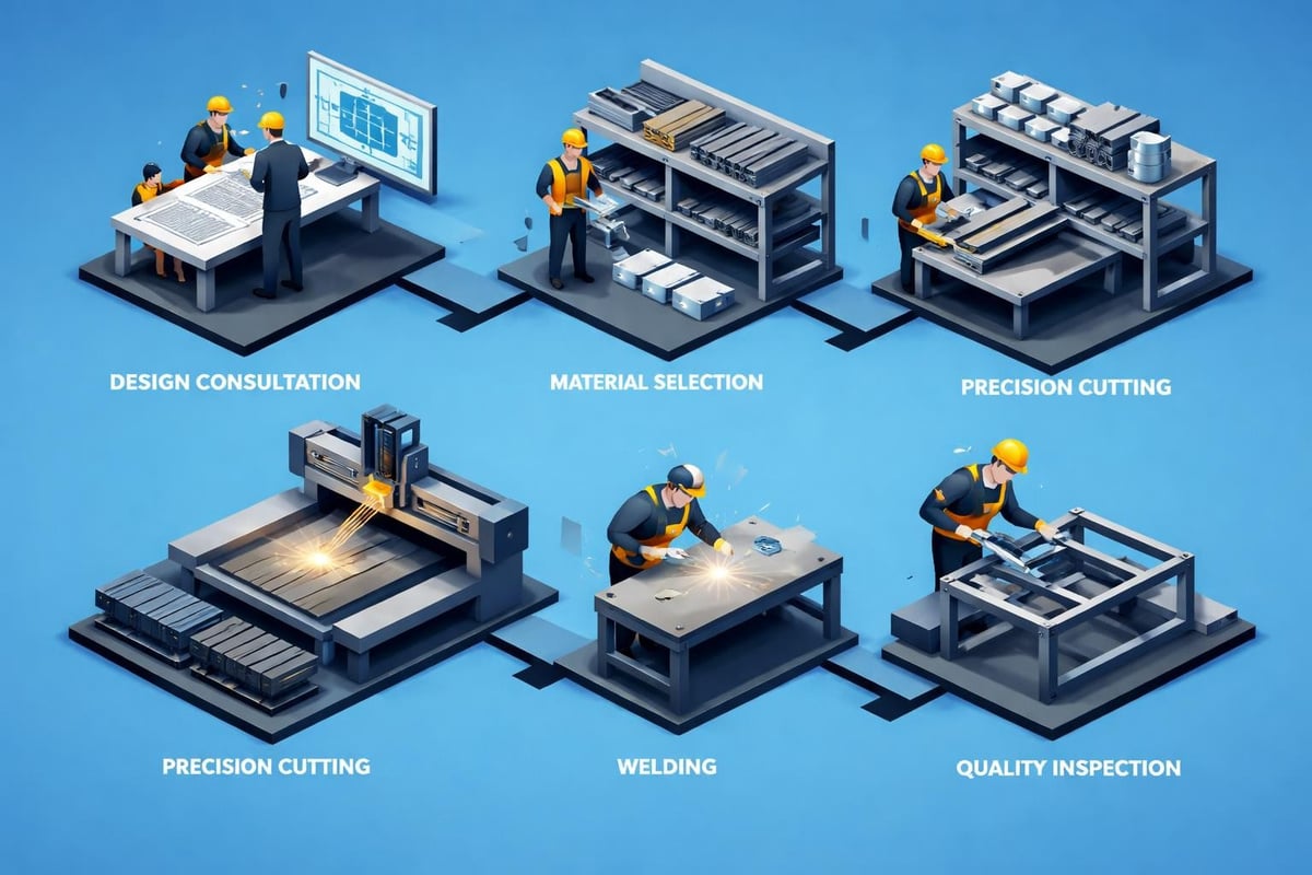 Design consultation, material selection, precision cutting, welding, and quality inspection in custom fabrication process for industrial applications.