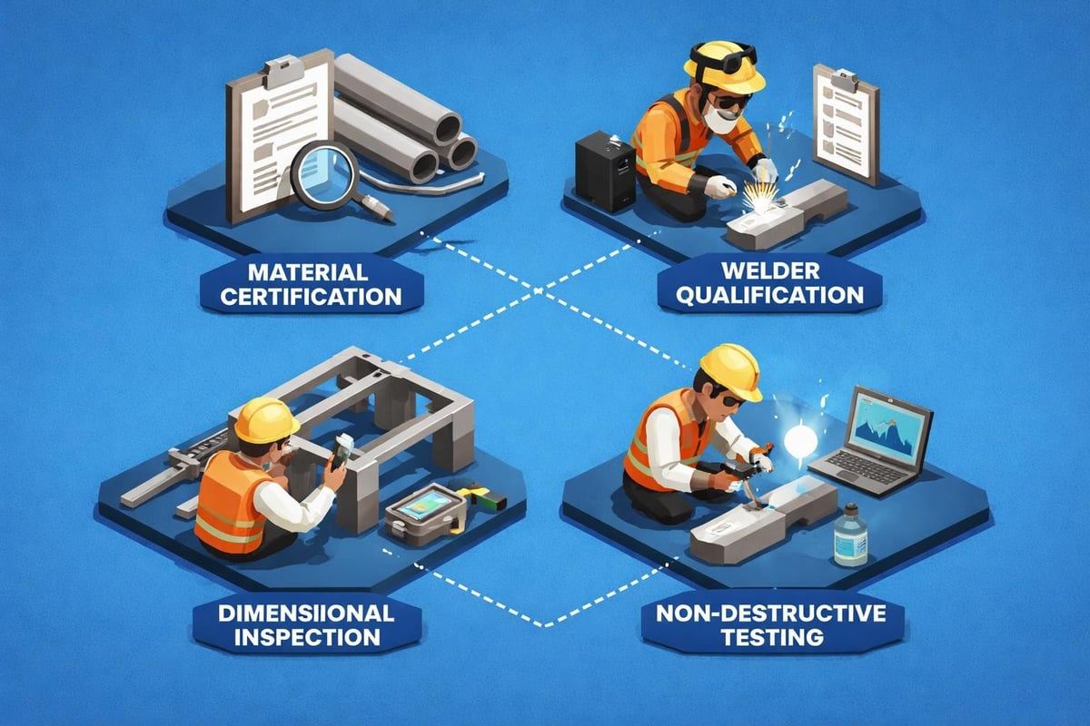 Illustration depicting welding processes including material certification, welder qualification, dimensional inspection, and non-destructive testing, relevant to custom fabrication in industrial manufacturing.