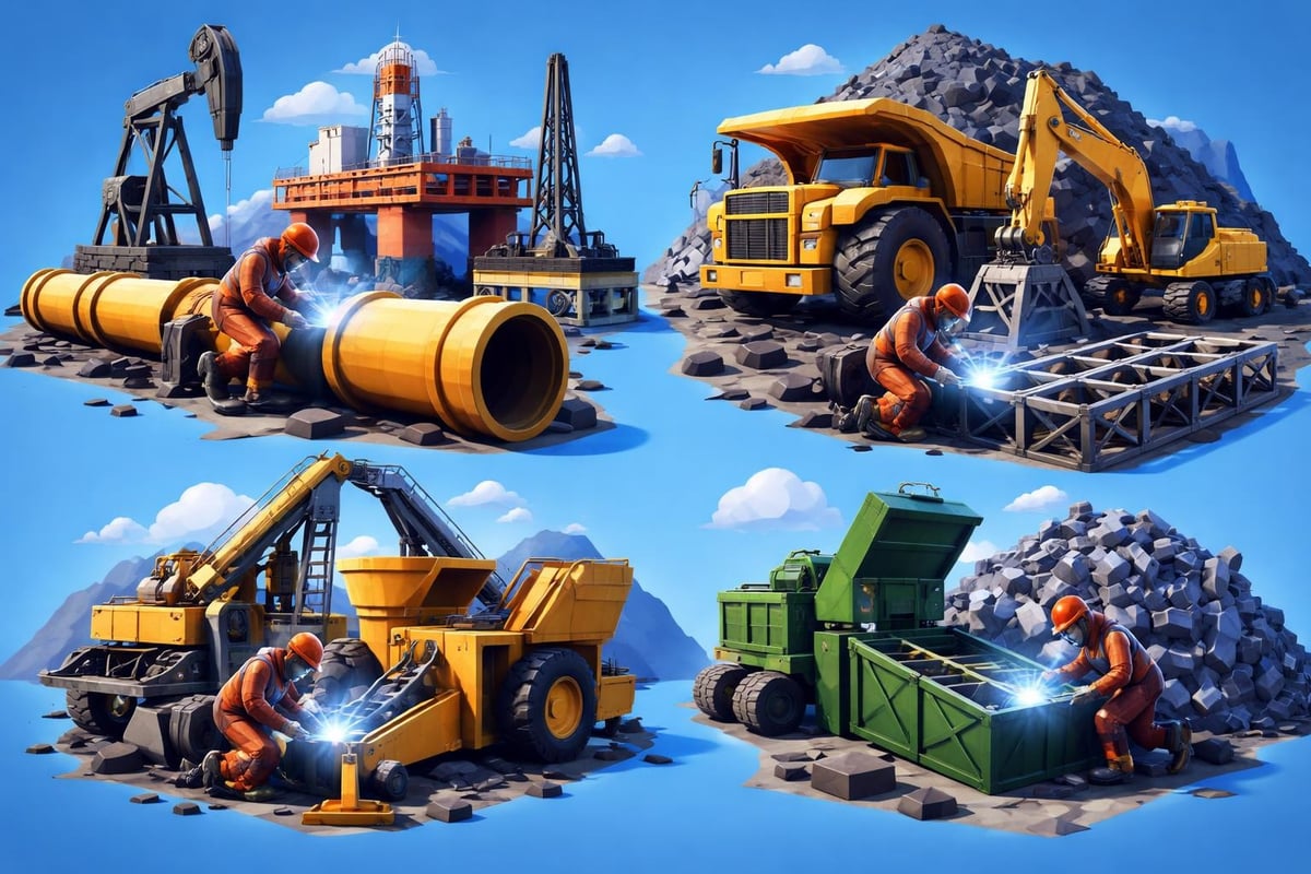 Industrial workers welding components in diverse settings, including oil rigs, material handling equipment, and recycling systems, showcasing custom fabrication techniques for enhanced productivity and wear resistance.