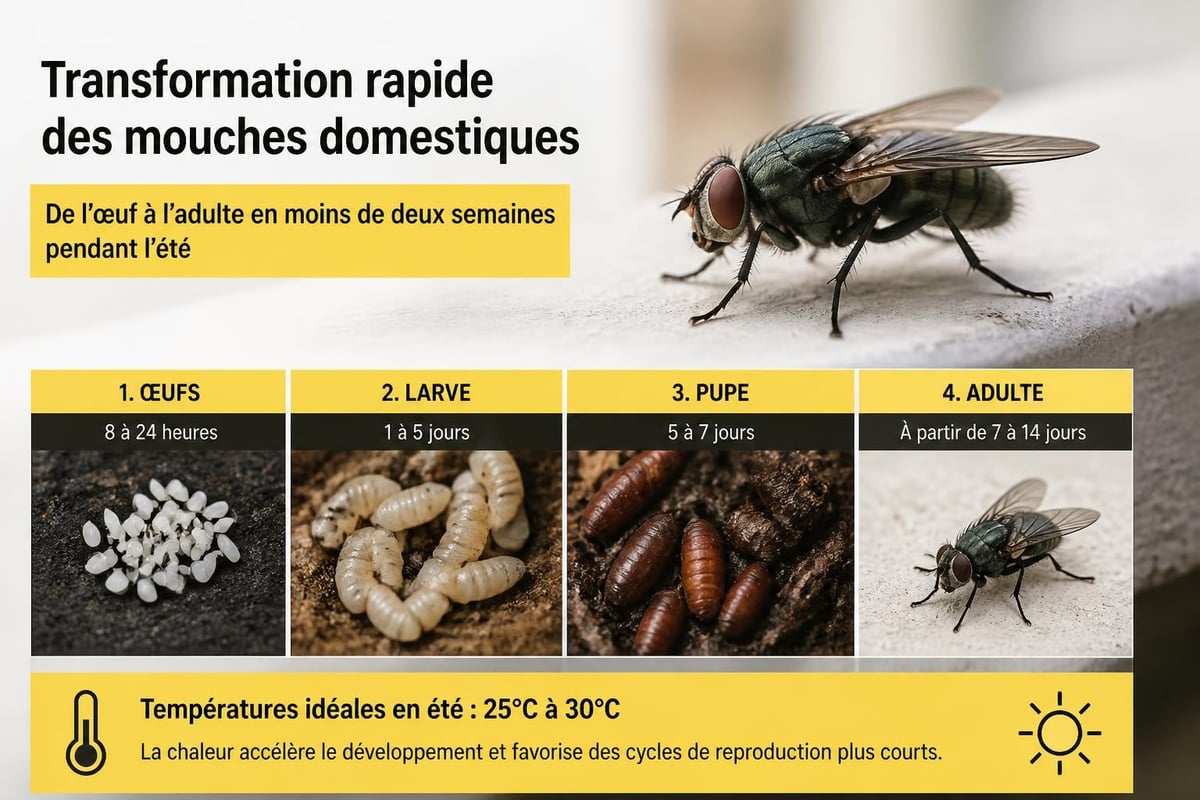 Cycle de reproduction des mouches en été