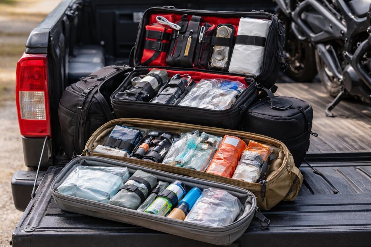 Trauma kit organization for motorcycle storage
