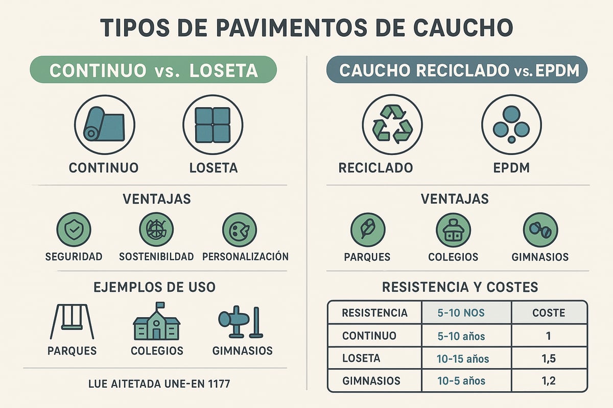Tipos de pavimentos de caucho: características, usos y comparativa