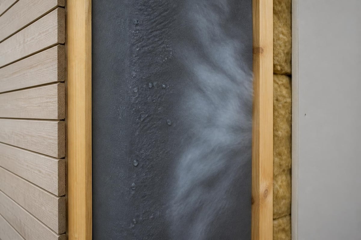 Build wrap membrane showing water droplets beading on exterior surface while vapour molecules pass through