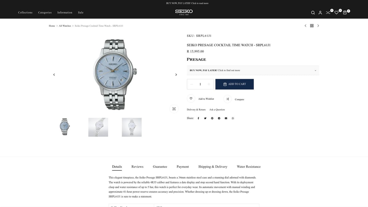 7 Best Seiko Dial Blue Watches to Elevate Your Style 2025 - Seiko Presage Cocktail Time Watch - SRPL61J1