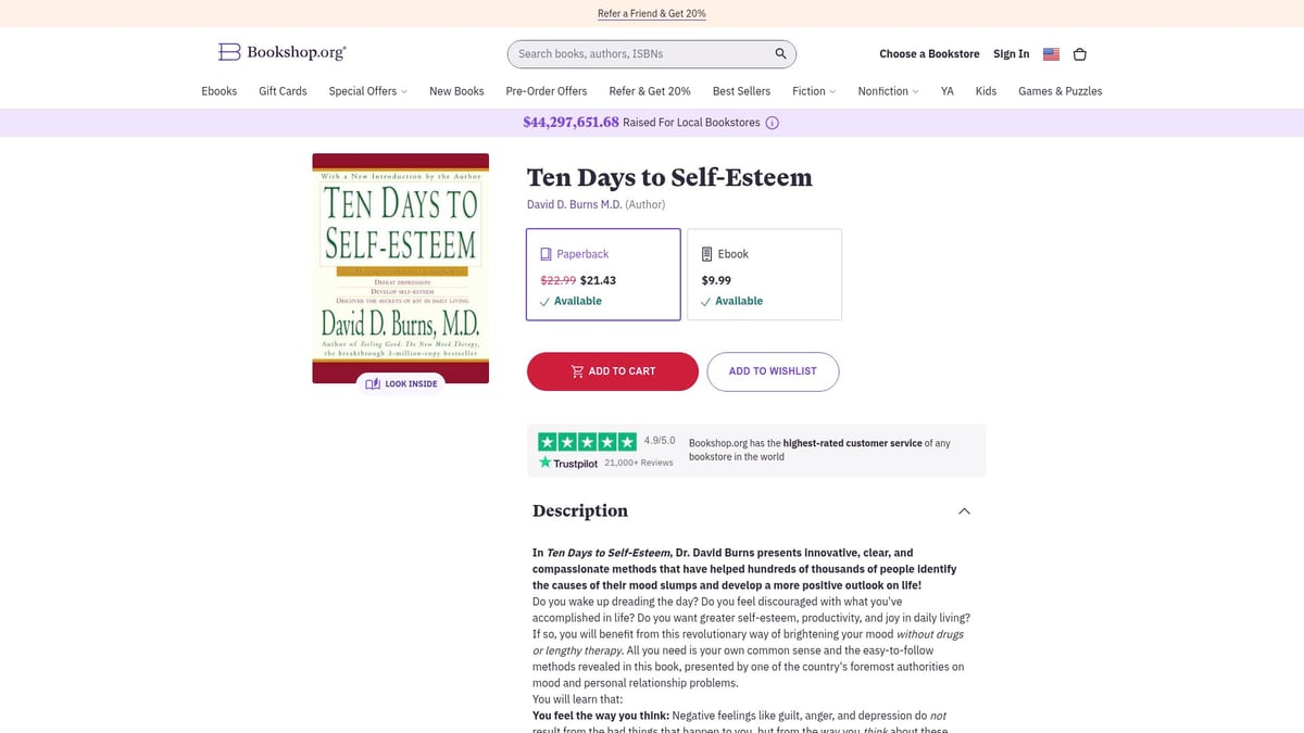 Top 10 Life-Changing Books on Confidence to Read in 2026 - Ten Days to Self-Esteem by David D. Burns, M.D.