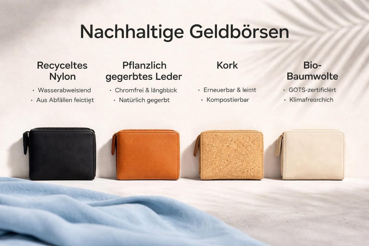 Verschiedene nachhaltige Materialien für Portemonnaies