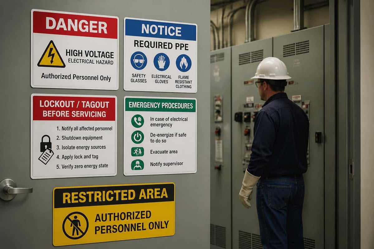 Integrated electrical safety signage system
