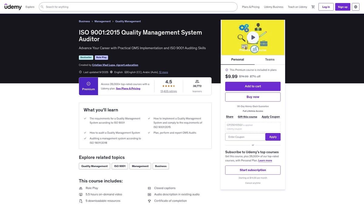 7 Best Quality Management Courses to Boost Your Career 2026 - ISO 9001:2015 Quality Management System Auditor – Udemy