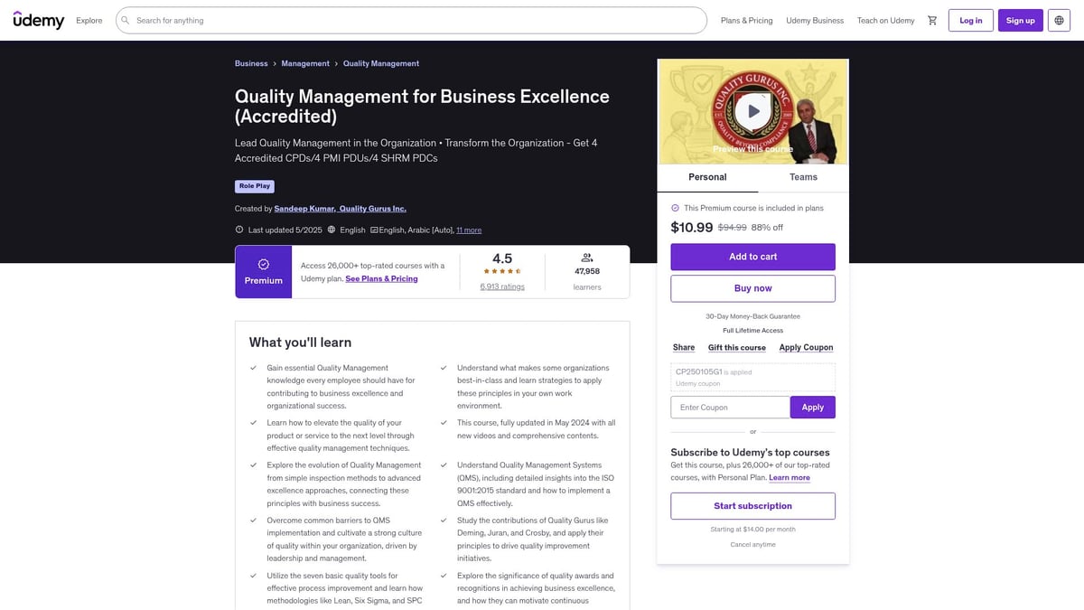 7 Best Quality Management Courses to Boost Your Career 2026 - Quality Management for Business Excellence (Accredited) – Udemy