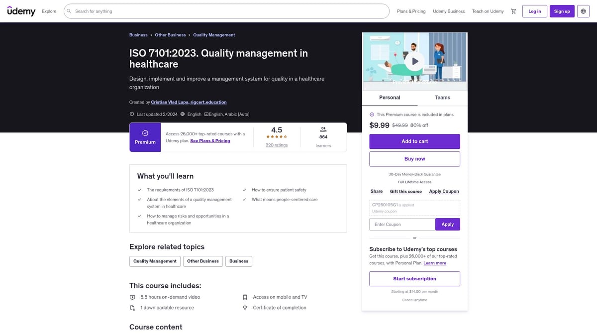 7 Best Quality Management Courses to Boost Your Career 2026 - ISO 7101:2023 Quality Management in Healthcare – Udemy