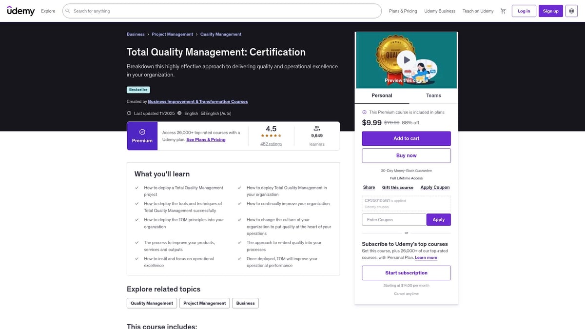 7 Best Quality Management Courses to Boost Your Career 2026 - Total Quality Management: Certification – Udemy